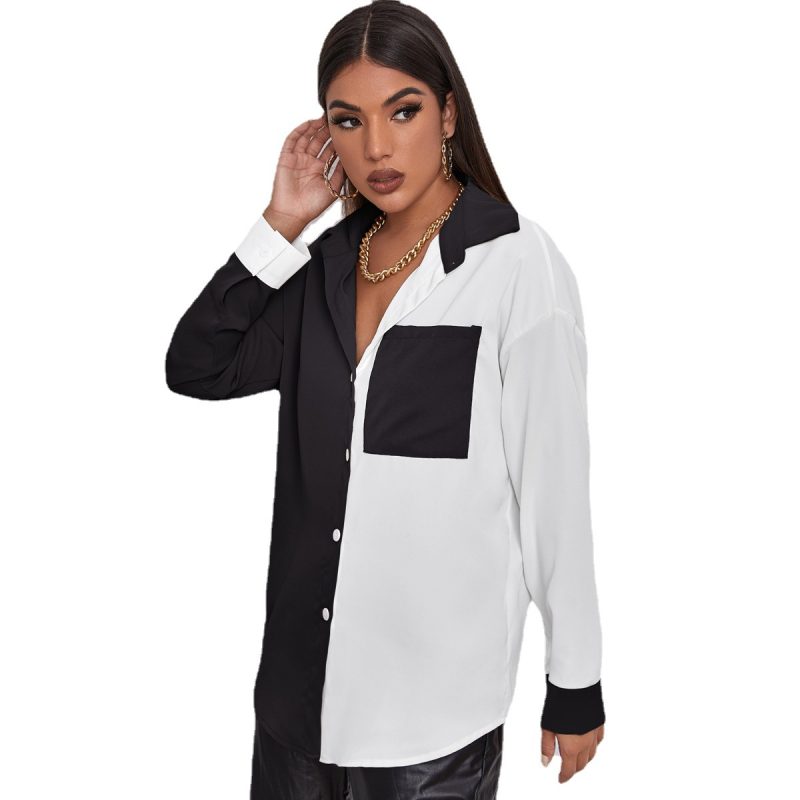 Autumn Winter Contrast Color Sexy Patchwork Top Pocket Long Sleeve Chiffon Shirt - Image 5
