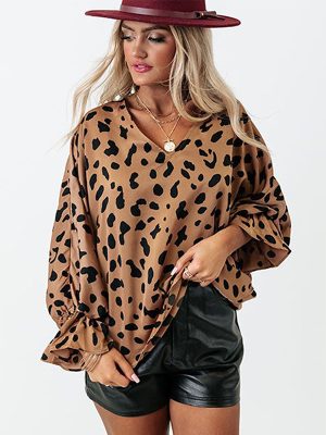 Pullover Women Autumn Leopard Print Printed V Neck Lotus Leaf Cuff Loose Chiffon Top