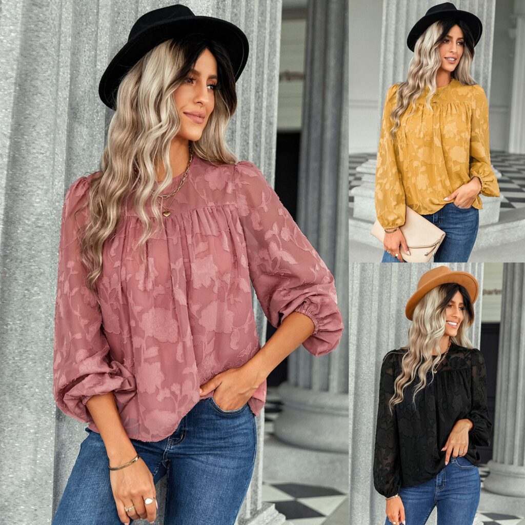 Autumn Winter Jacquard round Neck Top Women Women Clothing Loose Chiffon Shirt - Image 4