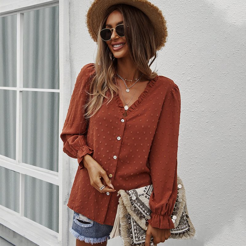 Women Online Red Shirt V-neck Sexy Top - Image 3