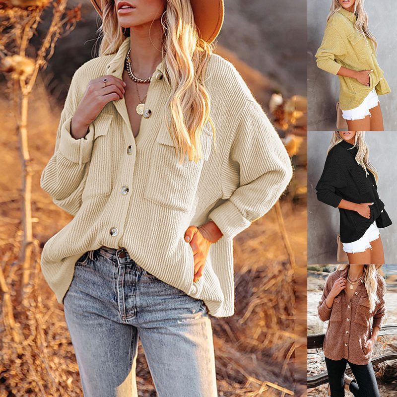 Women Autumn Winter Shirt Solid Color Loose Corduroy Pocket Long Sleeve Cardigan - Image 5