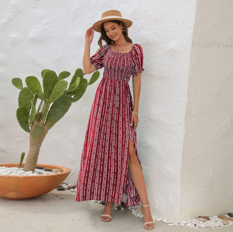 Spring Summer Vertical Stripes Floral Print Slit Waist Dress off Shoulder Short Sleeve Vacation Casual Dress - Image 3