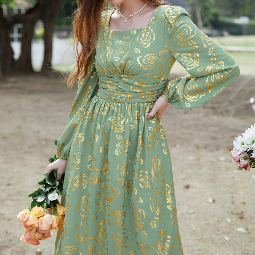 French Bronzing Dress Seaside Holiday Tea Break Waist Controlled Long Sleeves Spring Autumn Travel Dress - Image 3