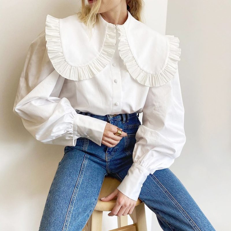 French Palace Doll Collar White Cotton Shirt Women Spring Fungus Long Sleeve Shirt - Image 4