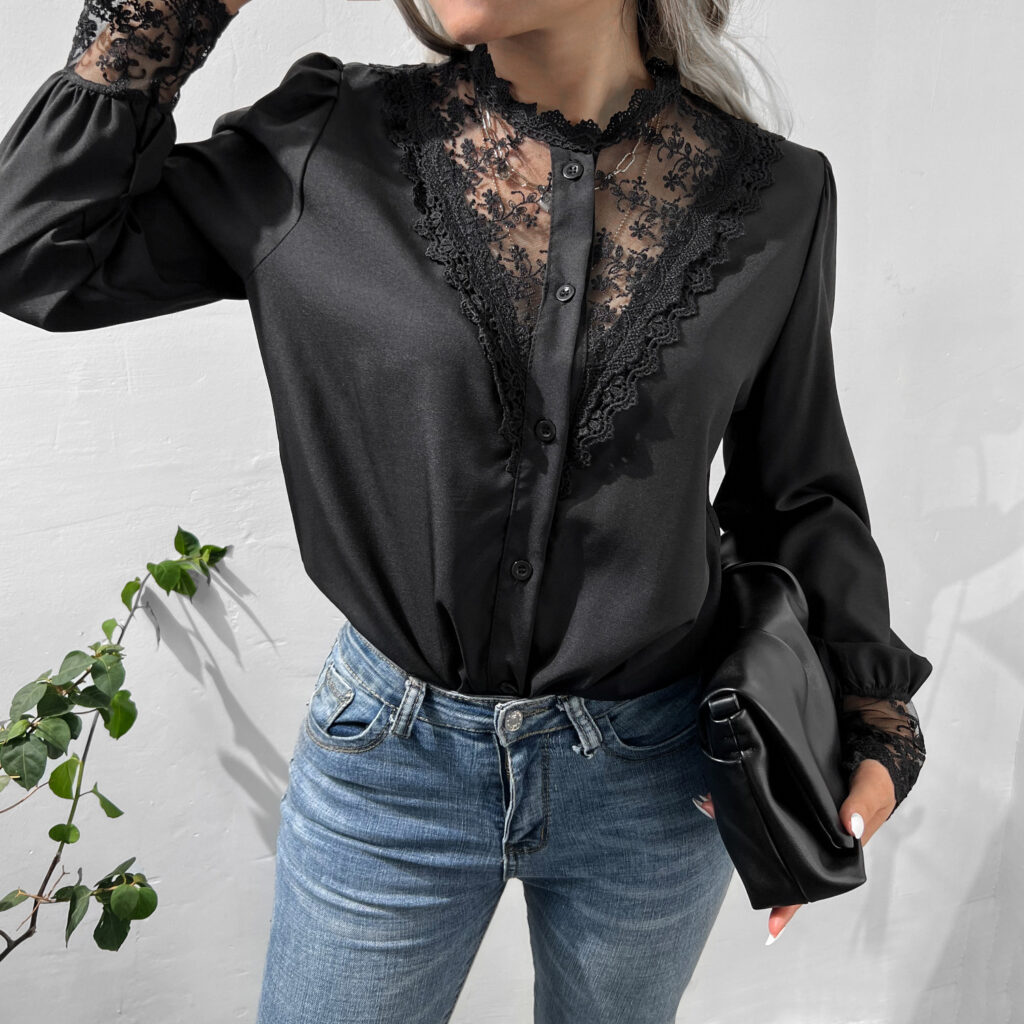 Autumn Winter Lace Shirt Lantern Sleeve Single Breasted Top - Image 2
