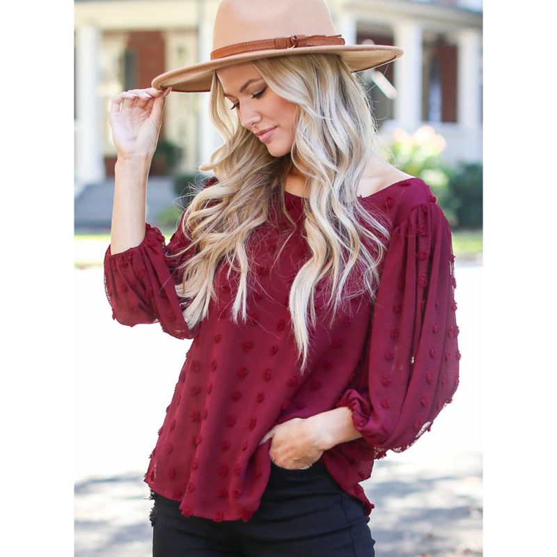 Summer Chiffon Shirt Solid Color round Neck Long Sleeve Chiffon Top - Image 2