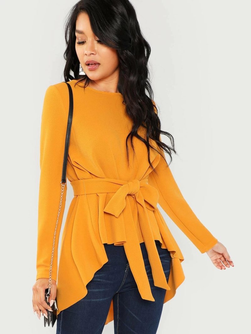 Women Pullover Solid Color round Neck Long Sleeve Office Lace-up Autumn Winter Shirt - Image 3