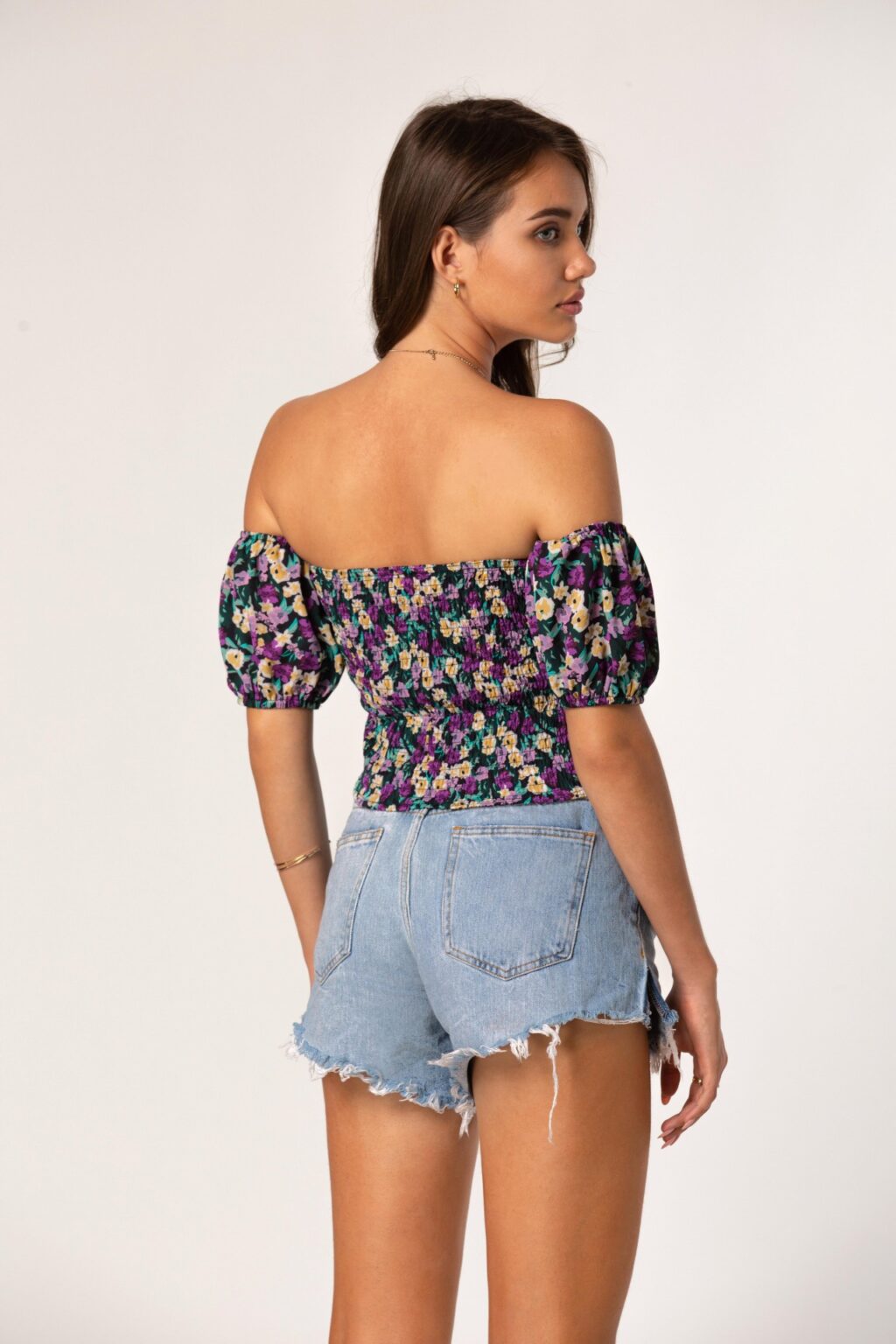Women Clothing Elegant Sexy Slim Fit off Shoulder Small Floral Smocking Short Top Vest - Image 3