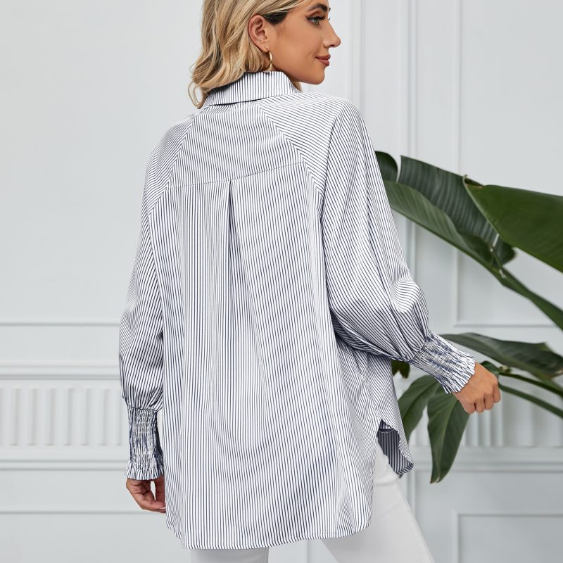 Women Clothing Trade Cuff Pleating Loose Striped Shirt Top - Image 4