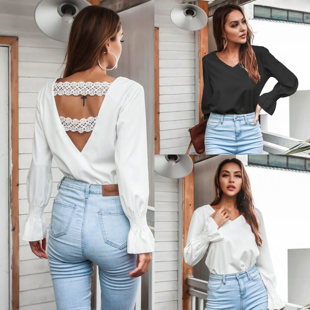 Fall Women Clothing V-neck Backless Bell Sleeve Shirt - Image 5