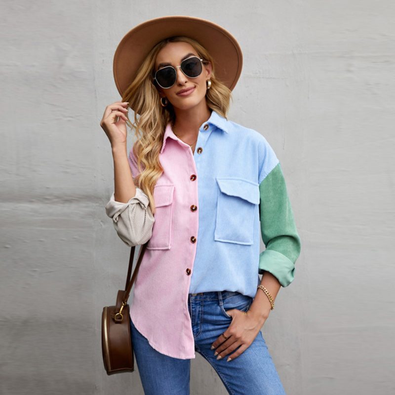 Color Block Stitching Autumn Shirt Women  Loose Long Sleeve Single Breasted Shirt - Image 4
