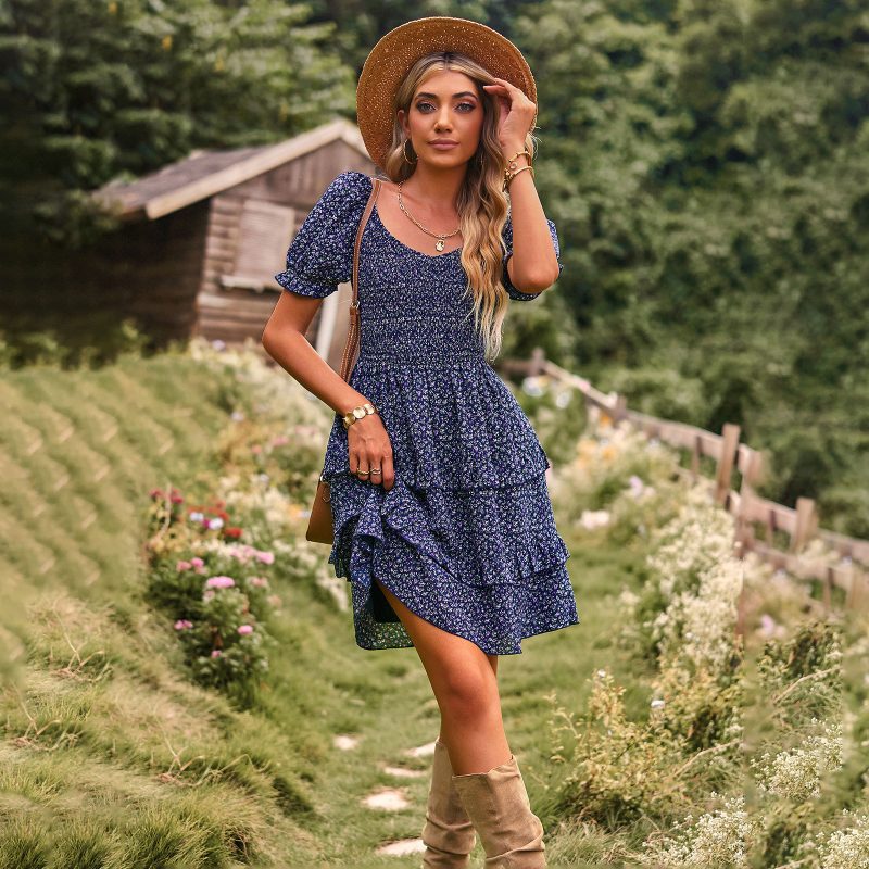 Women French Romantic Dress Spring Summer Short Sleeve Tiered Dress - Image 2