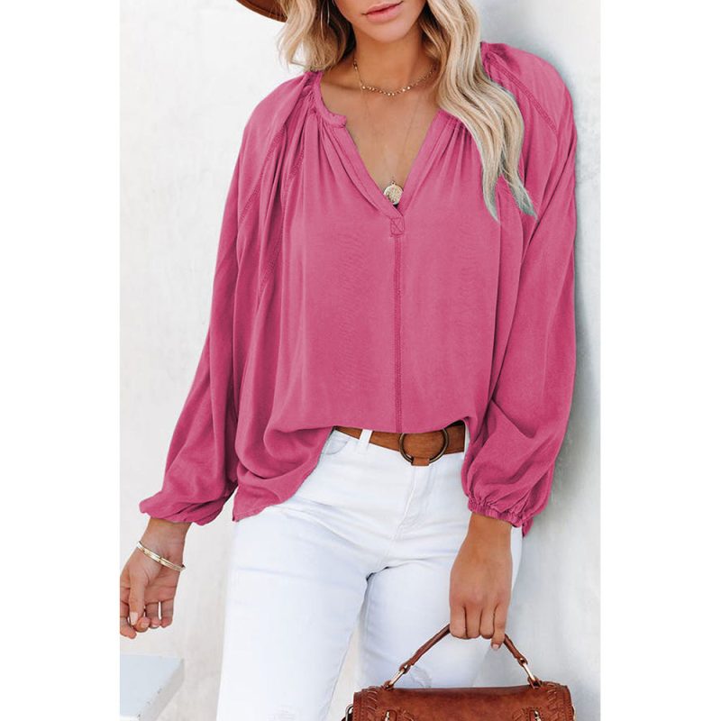 Spring Autumn V neck Long Sleeve Top Women Solid Color Loose Fitting T shirt - Image 2