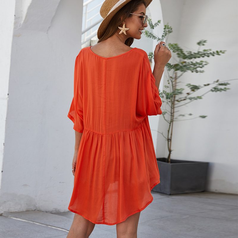 Spring Women Clothing Solid Color V neck Casual Loose Sexy Three Quarter Sleeve Women Top T shirt - Image 3