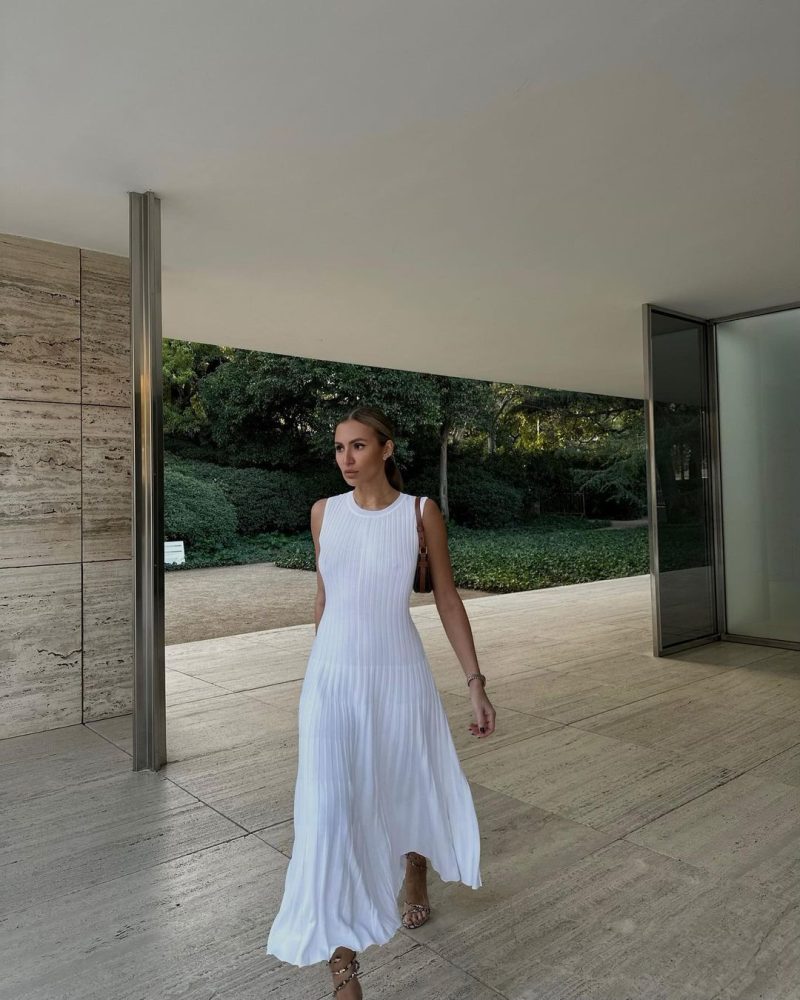 Spring Summer Knitted Dress Casual Waist Tight round Neck Big Pit Stripe Slimming Knitted Maxi Dress for Women - Image 4