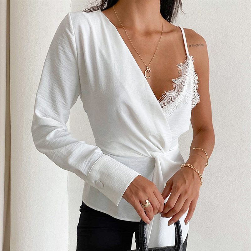Summer Lace Stitching Irregular Asymmetric Champray Niche Shirt Women Sling - Image 3