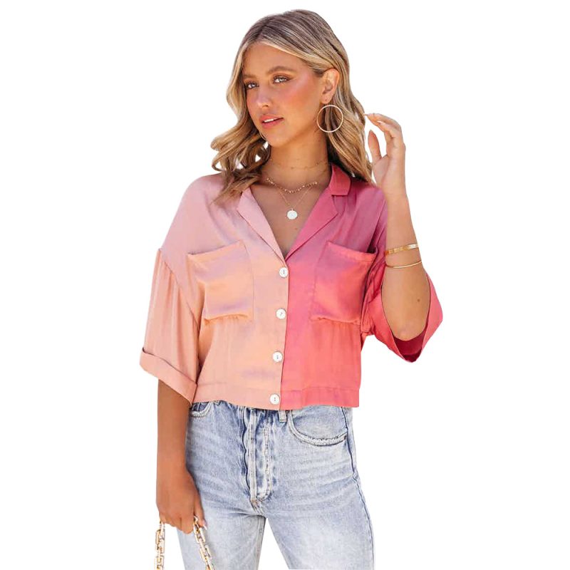 Summer Color Contrast Mid-Sleeve Cardigan Single-Breasted Casual Shirt Women - Image 4