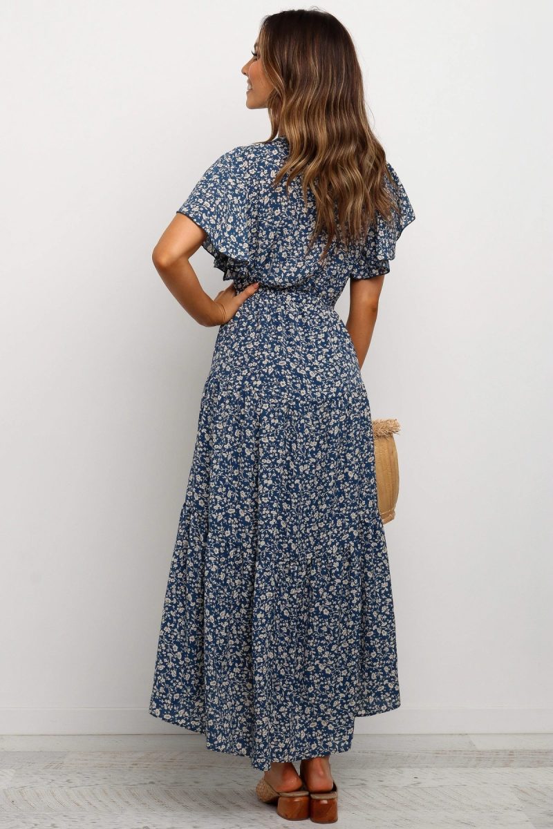 Summer Women V Neck Short Sleeve Ruffled Large Swing High Waist Tie Shoulder Floral Chiffon Dress Long Dress - Image 3