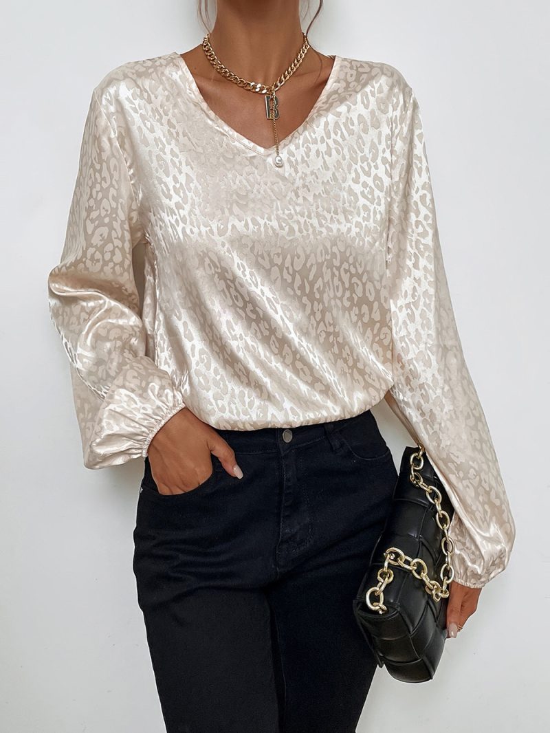 Spring V-neck Pullover Leopard-Print Shirt Women Artificial Silk Jacquard Long-Sleeved Shirt - Image 3