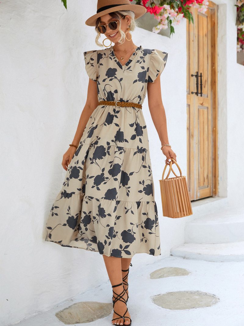 Spring Summer Women Clothing V neck Printed Flying Sleeves Dress - Image 2