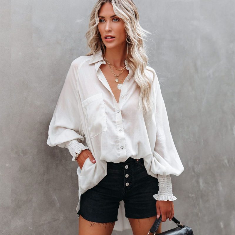 Spring New Button Loose Lantern Sleeve Long Sleeve Shirt Women Clothing - Image 3