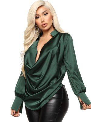 Fall Winter Sexy Long Sleeve Deep V Plunge Neck Satin All Match Women Shirt