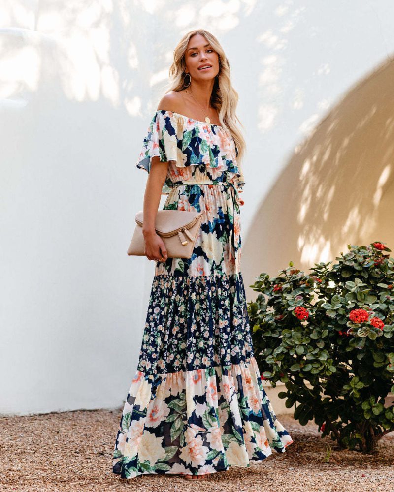 Sale Printed Waist Controlled off the Shoulder Long Women Dress - Image 2