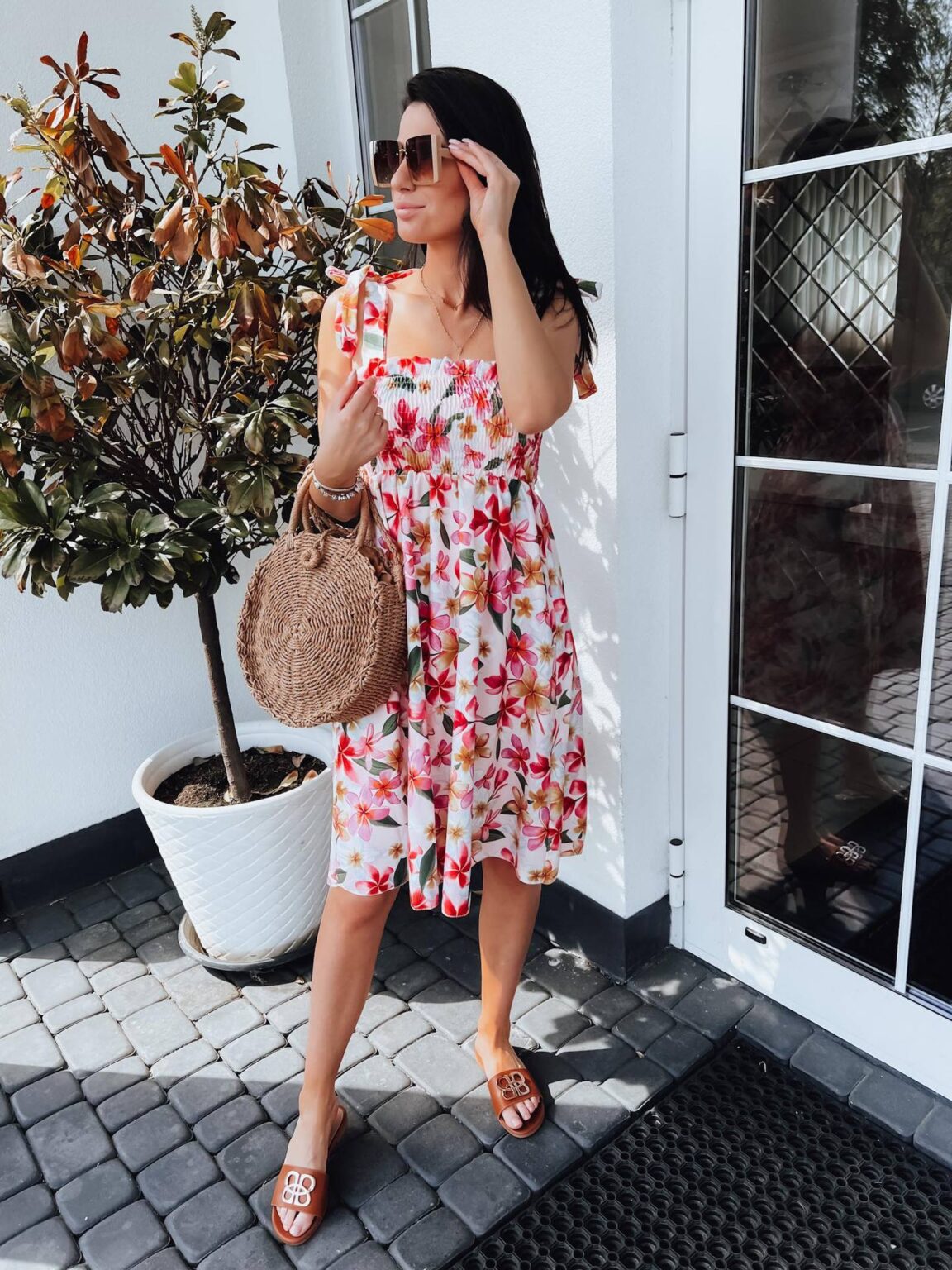 Lace up Smocking Simple A line Printed Dress Summer Dress - Image 4