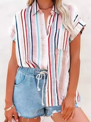 Women Clothing Summer Striped Short-Sleeved Women Shirt Casual Top