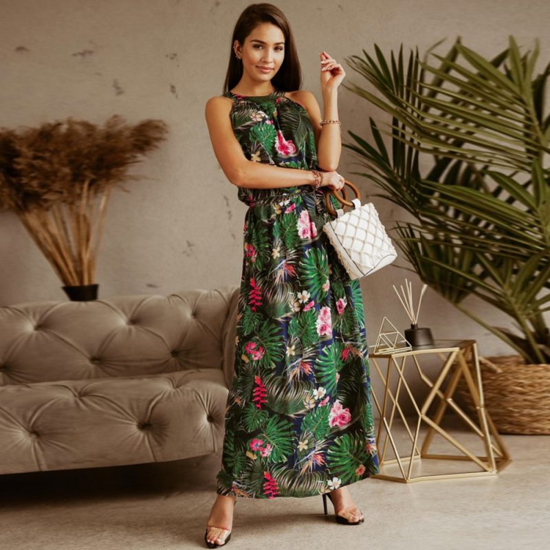Women Clothing plus Size Dress Summer Bohemian Vintage Printed Halter Belt Beach Maxi Dress - Image 3