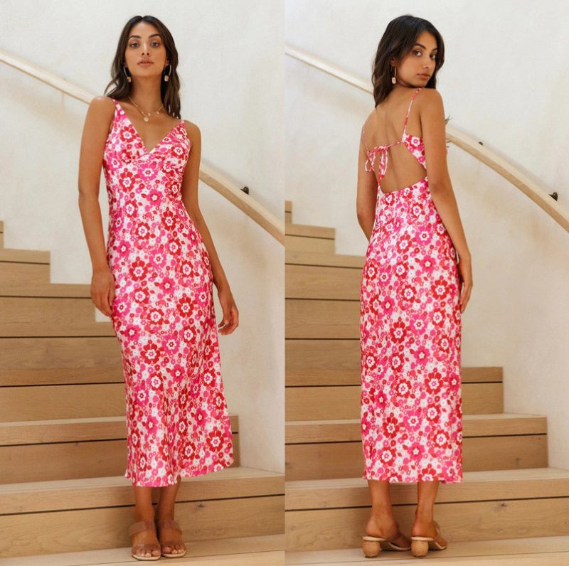 Summer Sexy Backless Spaghetti Straps V-neck Sleeveless Printed Slim Dress - Image 5