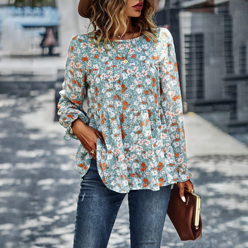 Women Blouses Top Spring Summer Pattern Print T shirt Babydoll - Image 2