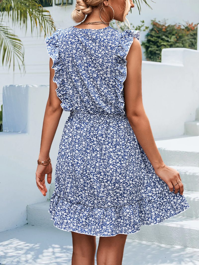 Spring Summer V neck Buttons Ruffle Sleeve Waist Dress Short Dress - Image 4