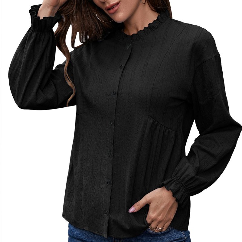 Office Slim Fit Ruffled Long Sleeve Stringy Selvedge Stand-up Collar Single-Breasted Shirt Pure Cotton Shirt Top for Women - Image 4