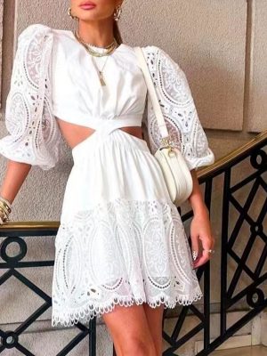 Elegant A- line  Summer Fashion round Neck Lantern Sleeve Cropped Outfit Lace Twisted Dress