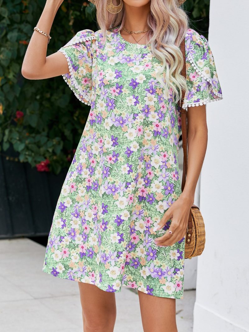 Summer Women Clothing round Neck Tulip Sleeve Tassel Lace Printed Dress Women - Image 2