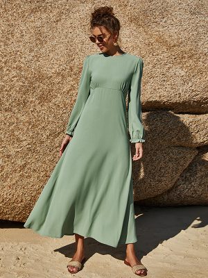 Spring Summer Waist Chiffon Women round Neck Solid Color Stretchy Sleeves Large Swing Dress Long Sleeve Loose Casual Lady Dress