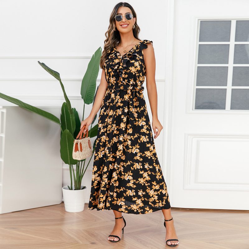 Women Clothing Sexy V neck Floral Pleated Summer Chiffon Maxi Dress - Image 2