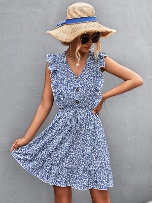 Spring Summer V-neck Buttons Ruffle Sleeve Waist Dress Short