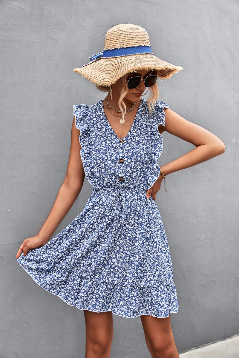 Spring Summer V-neck Buttons Ruffle Sleeve Waist Dress Short