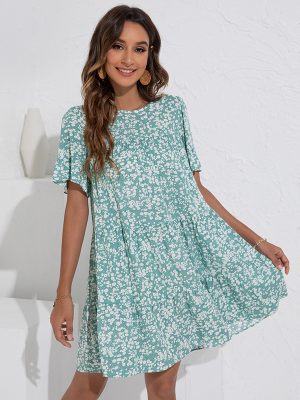 Summer round Neck Floral Ruffle Sleeve Loose Dress