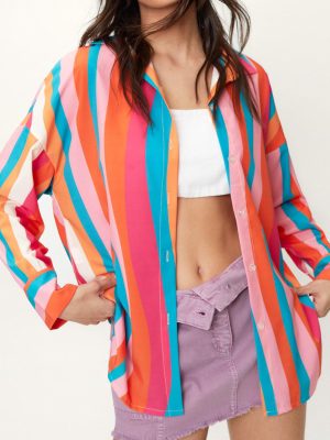 Autumn Urban Casual Office Rainbow Color Striped Long Loose Shirt