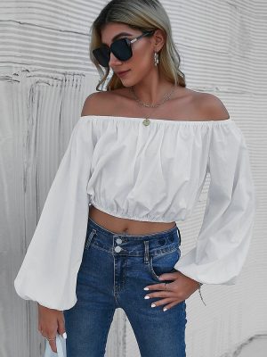 Spring Summer New Women Clothing White Lantern Sleeve Office Pullover Solid Color Sexy off-Neck Long Sleeve