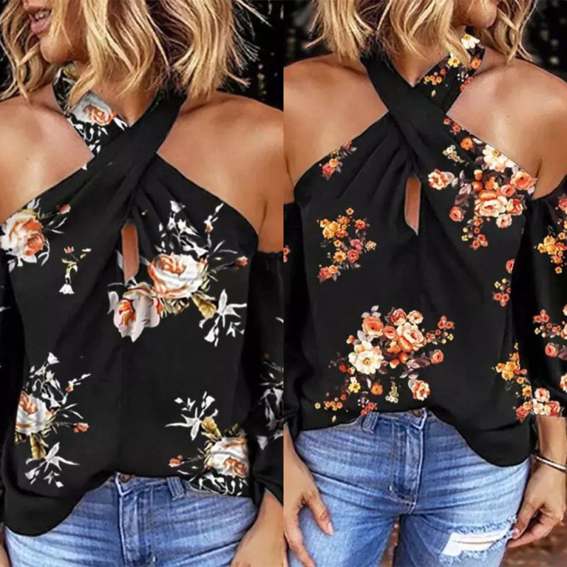 Summer Printed Long Sleeve Halter Sexy Backless Loose Top Women - Image 5