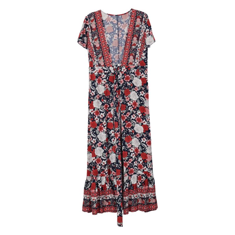 Summer New Women Clothing  Printed Slim Dress Short Sleeve V-neck Dress - Image 4