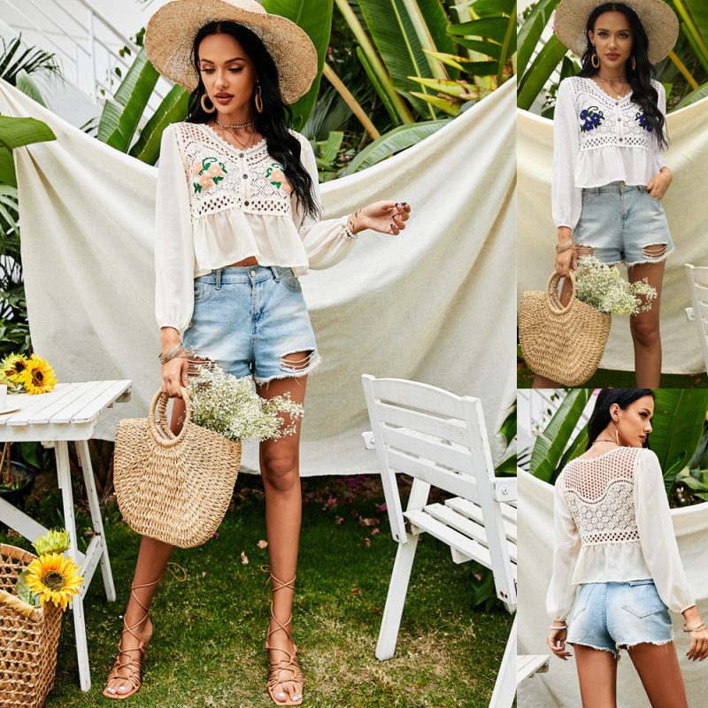 Summer Crochet Embroidery Peony Embroidery Chiffon Shirt Cardigan - Image 4