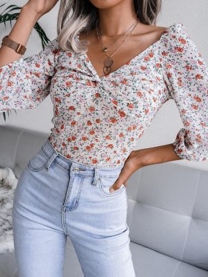 Autumn Winter Sexy V-neck Knotted Floral Chiffon Shirt Top Women Clothing