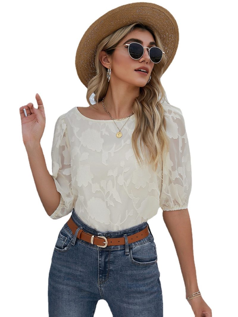 Summer Women Chiffon Floral Pullover round Neck Shirt with Half Sleeve Office Chiffon Shirt - Image 4