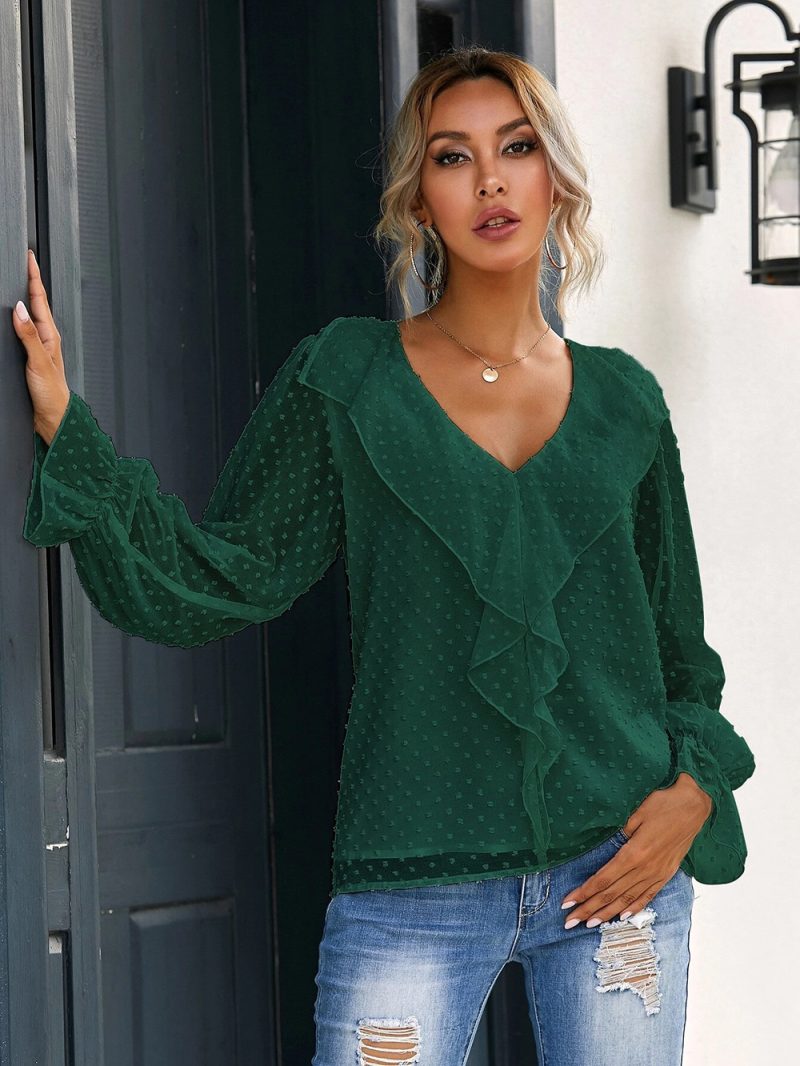 Solid Color V-neck Pullover Ruffled Lantern Sleeves Office Loose Chiffon Autumn Women Top - Image 3