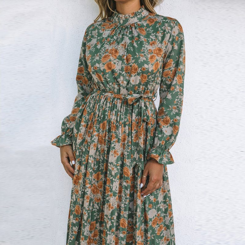 Green Pleated Long Sleeved Floral Dress with Tie Waist Trimming Dress - Image 4